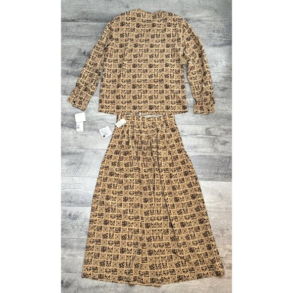 Rena Rowan Skirt 2 Piece Set Womens 10 Tan Button Blouse Pleated Pockets 90s NWT - Picture 2 of 12